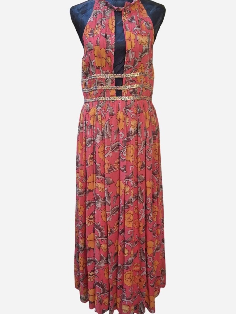 Halter Floral Maxi Dress in Coral and Orange with Braided Waist Cutouts